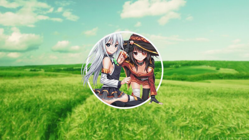 Two Anime Girls in Field — Green, Serene, Afternoon, Sky