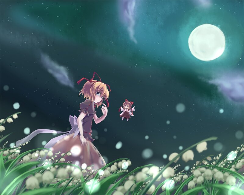Two Anime Girls in Field — Green, Serene, Night