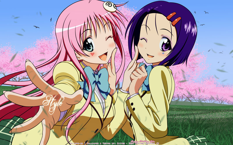 Two Anime Girls in Field — Pink, Cheerful, Spring