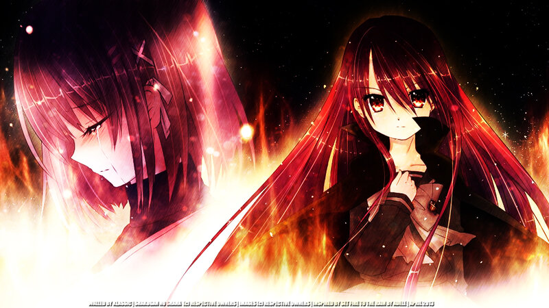Two Anime Girls in Fire — Red, Dramatic, Night, Tears
