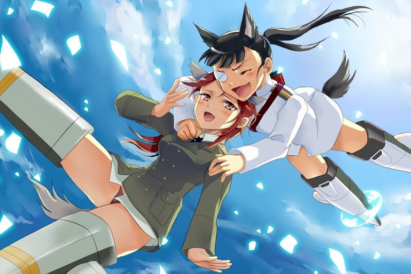 Two Anime Girls in Flight — Blue, Dynamic, Anime Characters, Military Uniforms