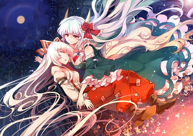 Two Anime Girls in Flight — White, Dramatic