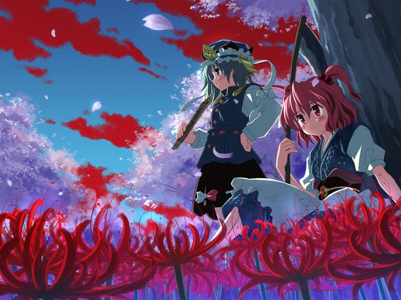 Two Anime Girls in Flowers — Red, Dramatic