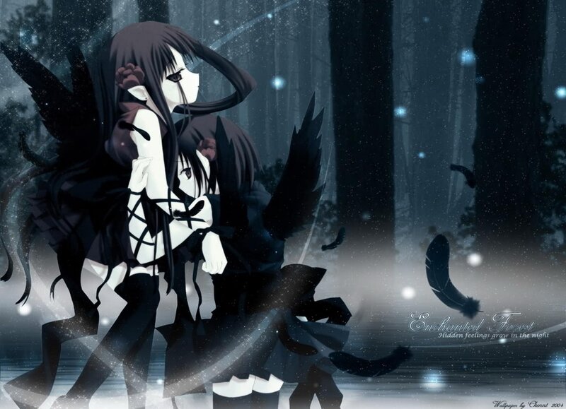 Two Anime Girls in Forest — Black, Dark