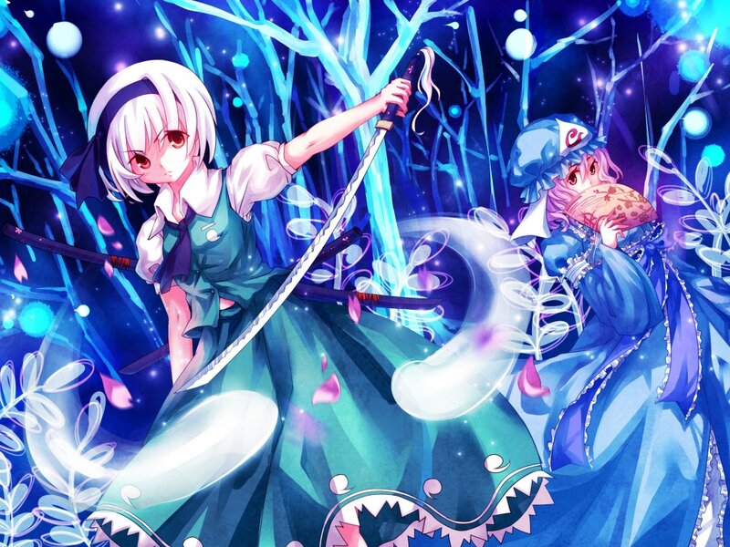 Two Anime Girls in Forest — Blue, Dramatic, Night, Swords
