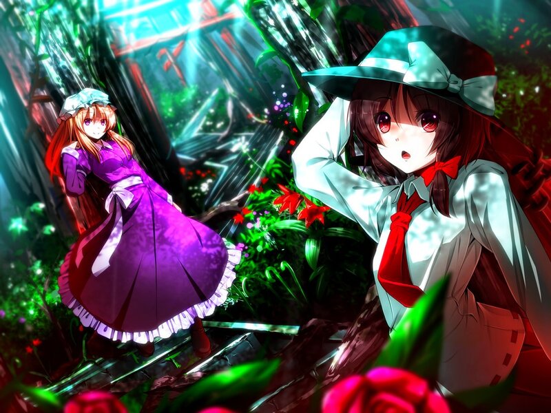 Two Anime Girls in Forest — Green, Dramatic