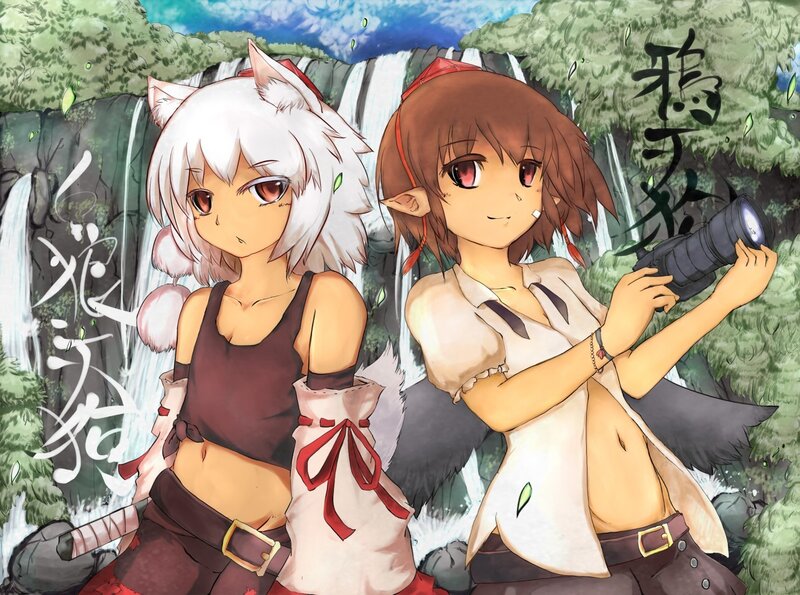 Two Anime Girls in Forest — Green, Peaceful, Afternoon, Waterfall