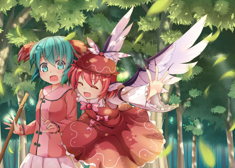 Two Anime Girls in Forest — Green, Playful