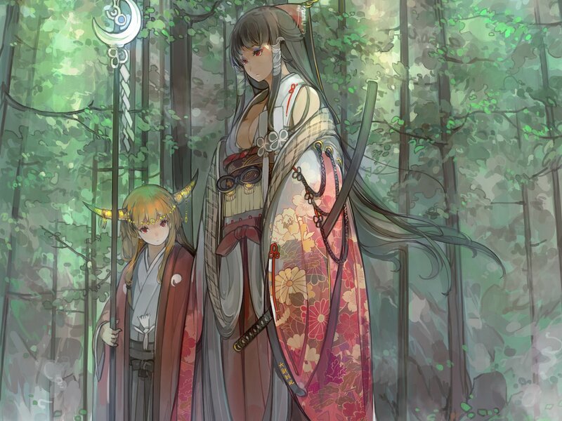 Two Anime Girls in Forest — Green, Serene, Afternoon, Digital Art, Swords