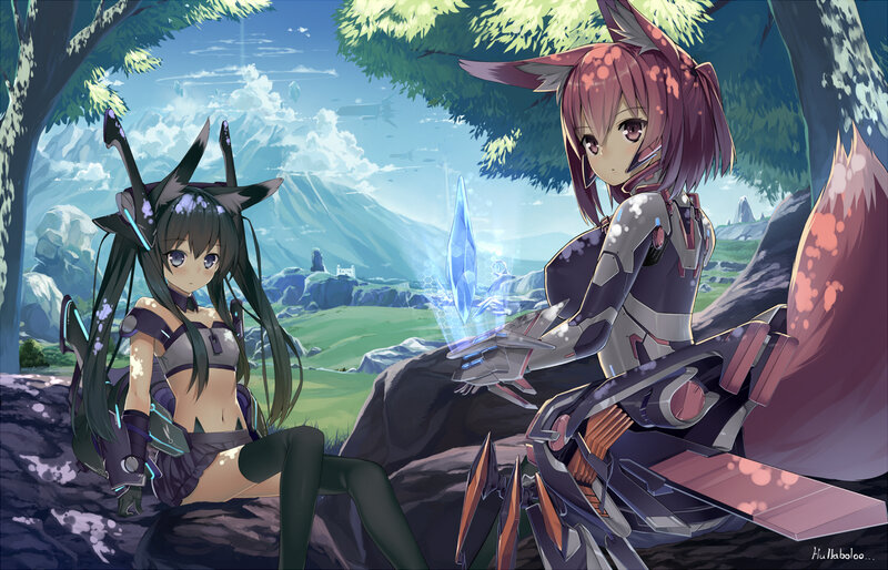 Two Anime Girls in Forest — Green, Serene, Afternoon, Digital Art