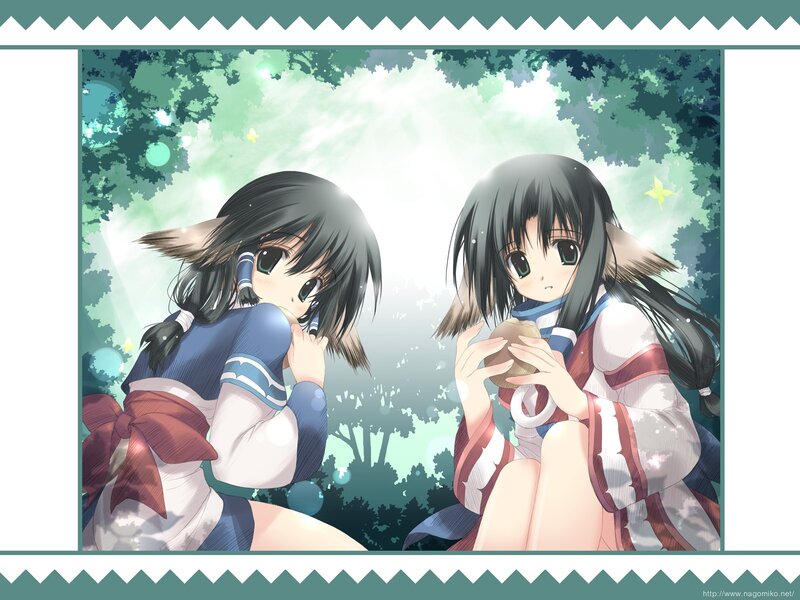 Two Anime Girls in Forest — Green, Serene, Afternoon, Fox Ears
