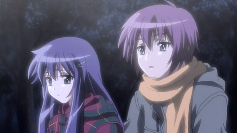 Two Anime Girls in Forest — Purple, Dramatic, Night, Scarf