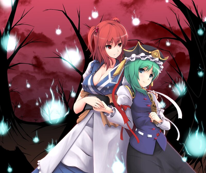 Two Anime Girls in Forest — Red, Dramatic, Night