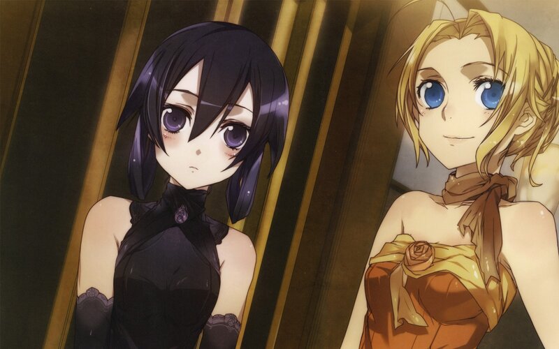 Two anime girls in formal wear