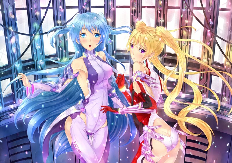 Two anime girls in futuristic outfits