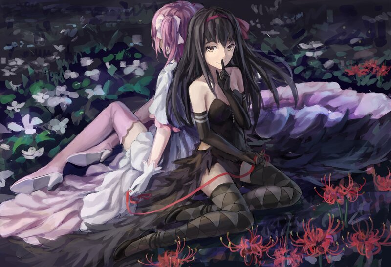 Two Anime Girls in Garden — Black