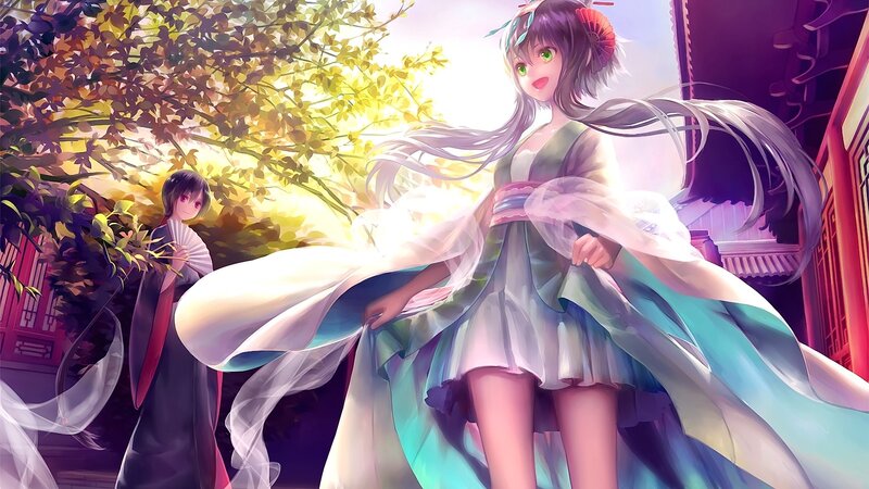 Two Anime Girls in Garden — Green, Serene, Afternoon