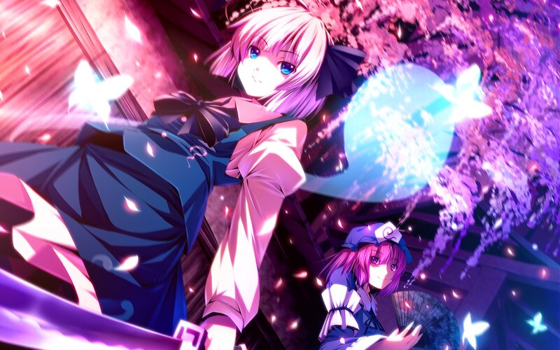 Two Anime Girls in Garden — Purple, Dramatic