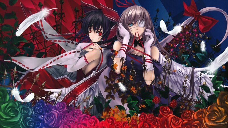 Two Anime Girls in Garden — Red, Dramatic, Night