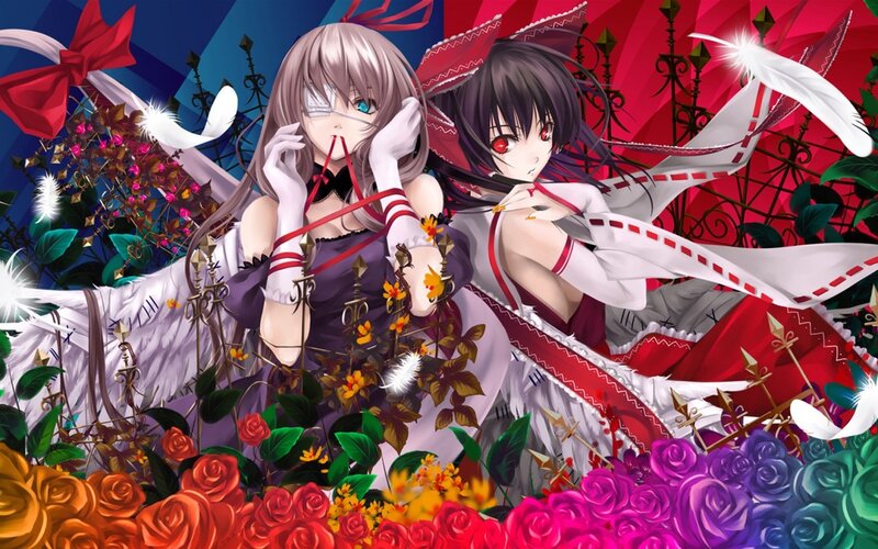 Two Anime Girls in Garden — Red, Dramatic, Roses