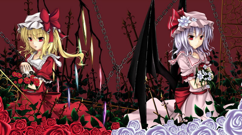 Two Anime Girls in Garden — Red, Dramatic
