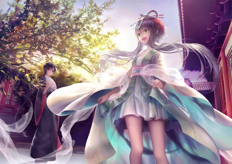 Two Anime Girls in Garden — White, Serene