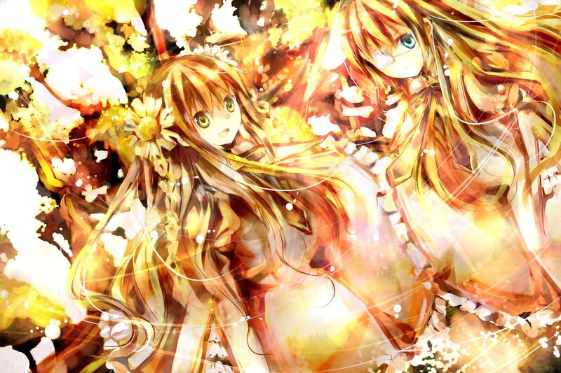Two anime girls in golden light