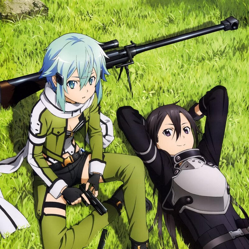 Two Anime Girls in Grass — Green, Calm