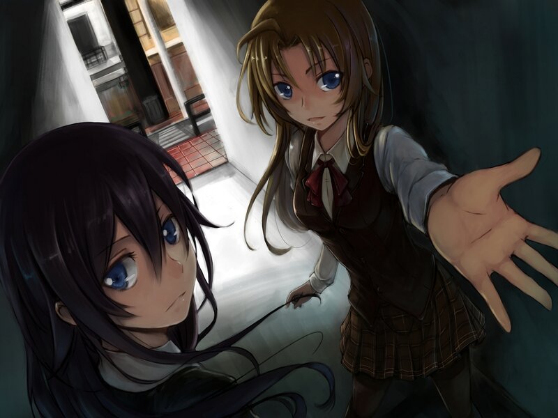 Two Anime Girls in Hallway