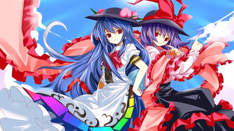 Two Anime Girls in Hats — Blue, Playful, Afternoon, Skirts