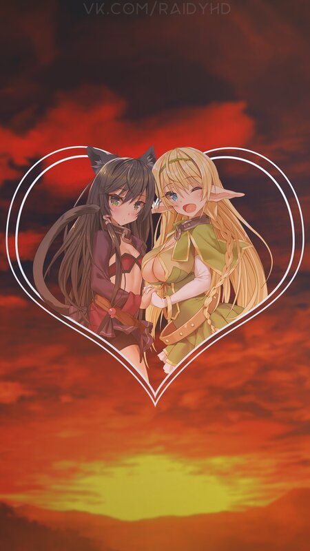 Two Anime Girls in Heart — Red, Dramatic, Sunset