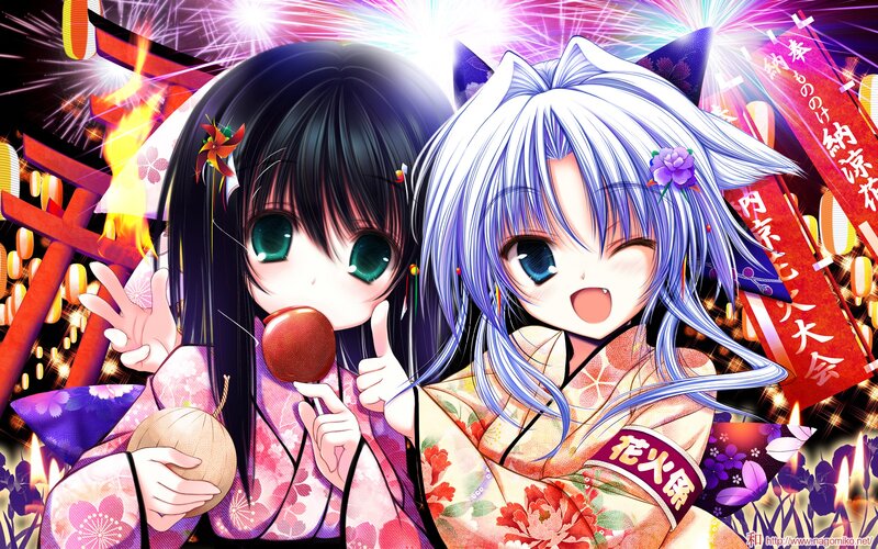 Two Anime Girls in Kimono — Purple, Festive, Night