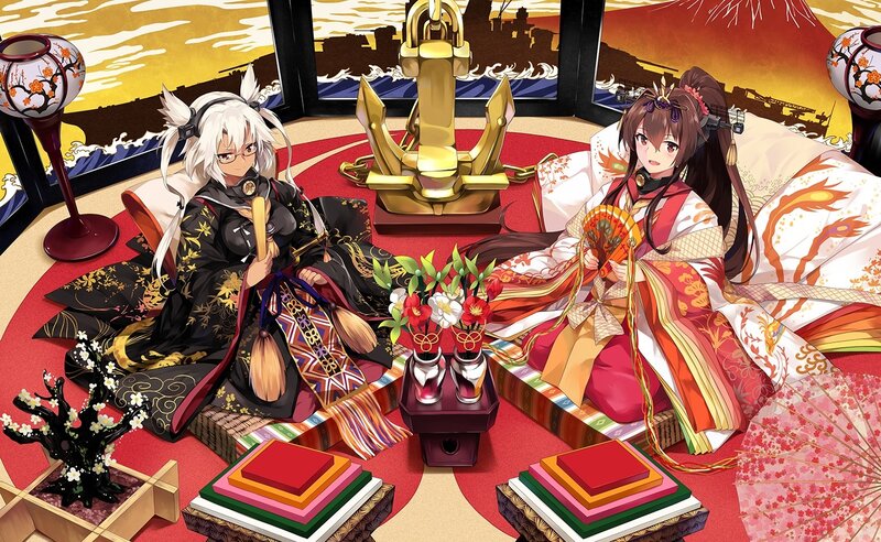 Two Anime Girls in Kimono — Red, Serene
