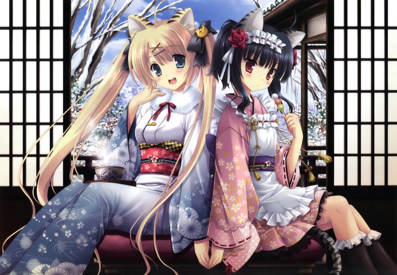 Two Anime Girls in Kimono — White, Calm
