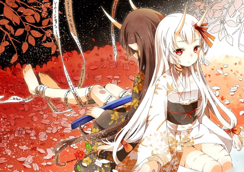 Two Anime Girls in Kimono — White, Dramatic