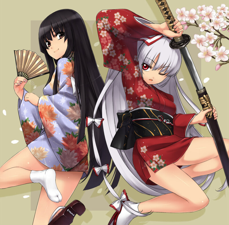 Two anime girls in kimonos
