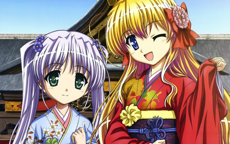 Two anime girls in kimonos
