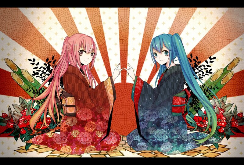 Two anime girls in kimonos