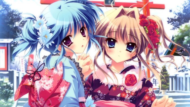 Two anime girls in kimonos