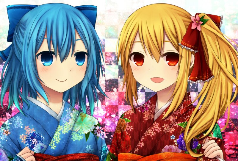 Two anime girls in kimonos