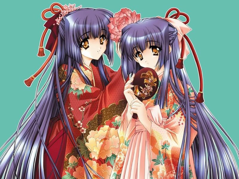 Two anime girls in kimonos