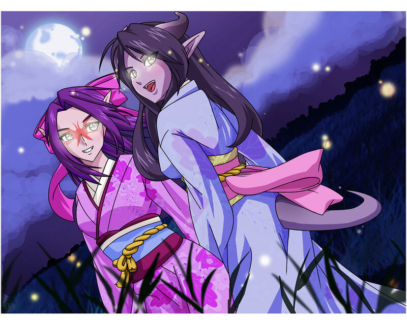 Two anime girls in kimonos at night