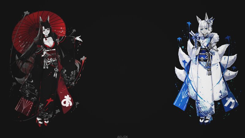 Two Anime Girls in Kimonos — Black, Dramatic