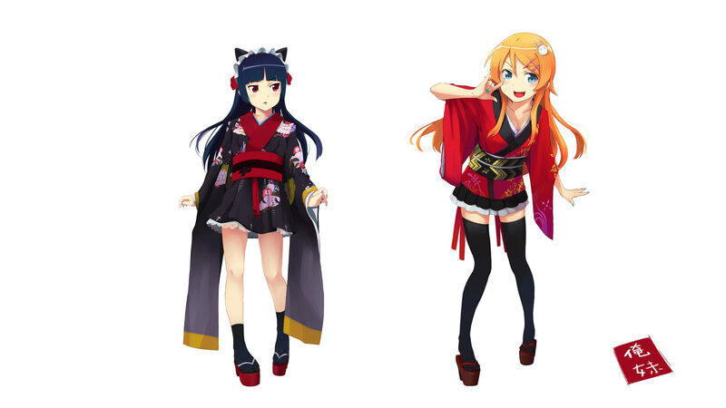 Two Anime Girls in Kimonos — Black, Playful, Cat Ears