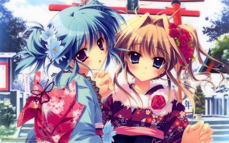 Two Anime Girls in Kimonos — Blue, Serene, Afternoon