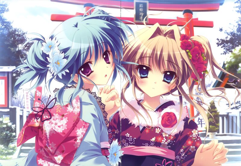 Two Anime Girls in Kimonos — Blue, Serene