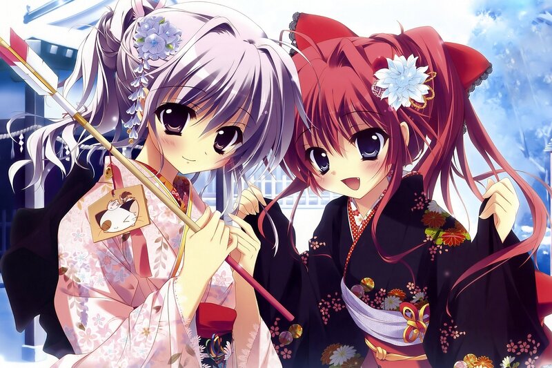 Two Anime Girls in Kimonos — Pink, Cheerful, Afternoon