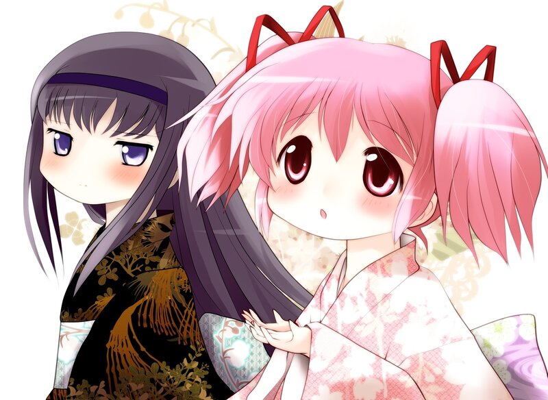 Two Anime Girls in Kimonos — Pink, Cheerful, Kimono, Cat Ears