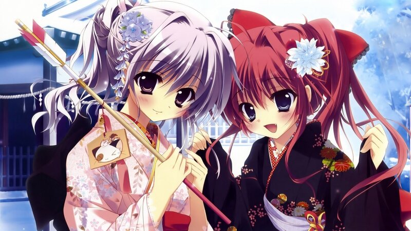 Two Anime Girls in Kimonos — Pink, Cheerful, Spring