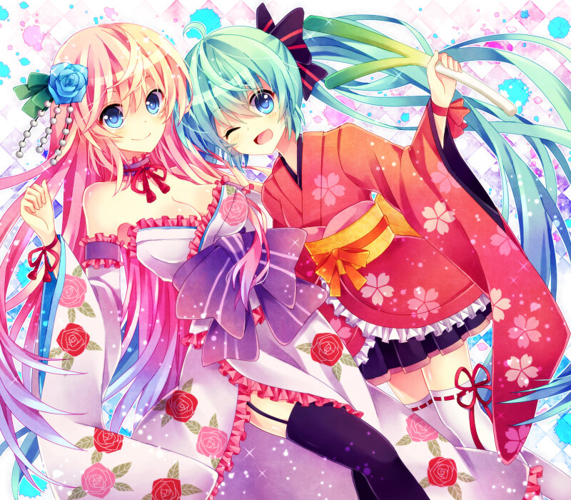 Two Anime Girls in Kimonos — Pink, Playful, Flowers